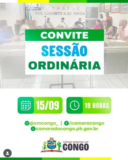 Câmara Municipal do Congo convida para Sessão Ordinária