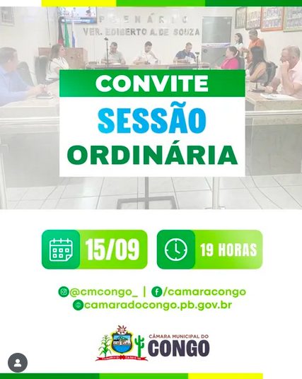 Câmara Municipal do Congo convida para Sessão Ordinária